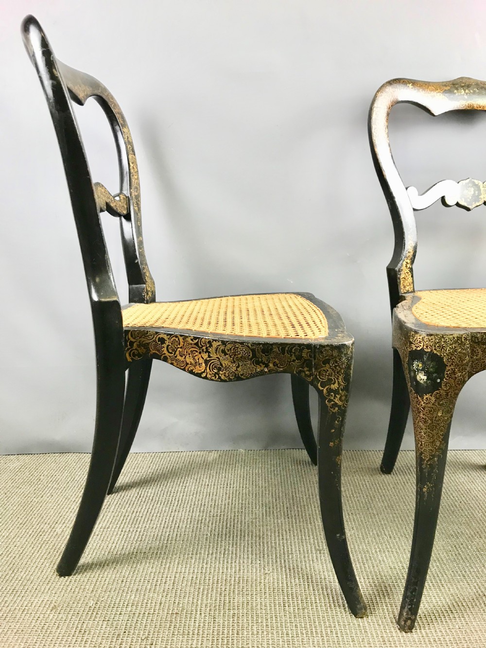Pair of Victorian Japanned Chairs with Gilt Foliate Decoration View V