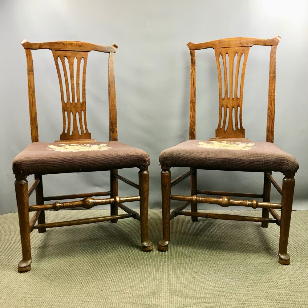 Pair of Country Georgian Oak Chairs with Woolwork Seats