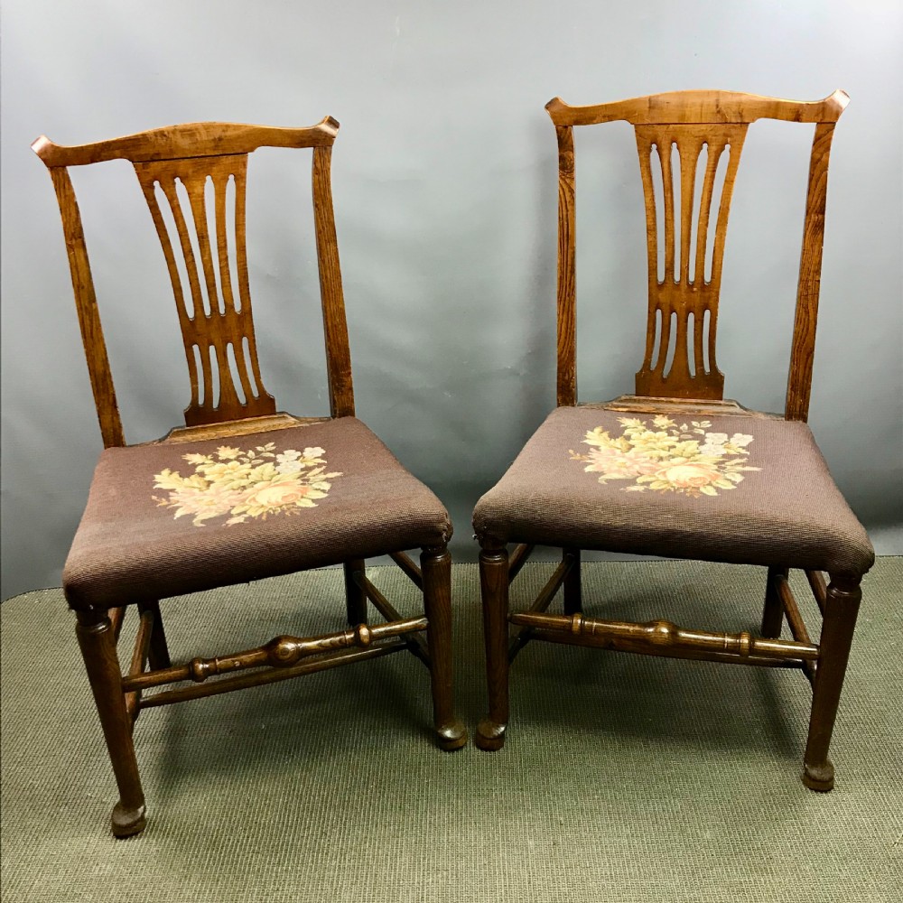 Pair of Country Georgian Oak Chairs with Woolwork Seats View II