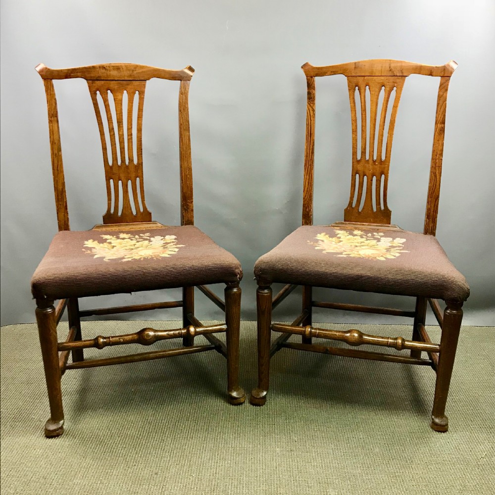 Pair of Country Georgian Oak Chairs with Woolwork Seats View III