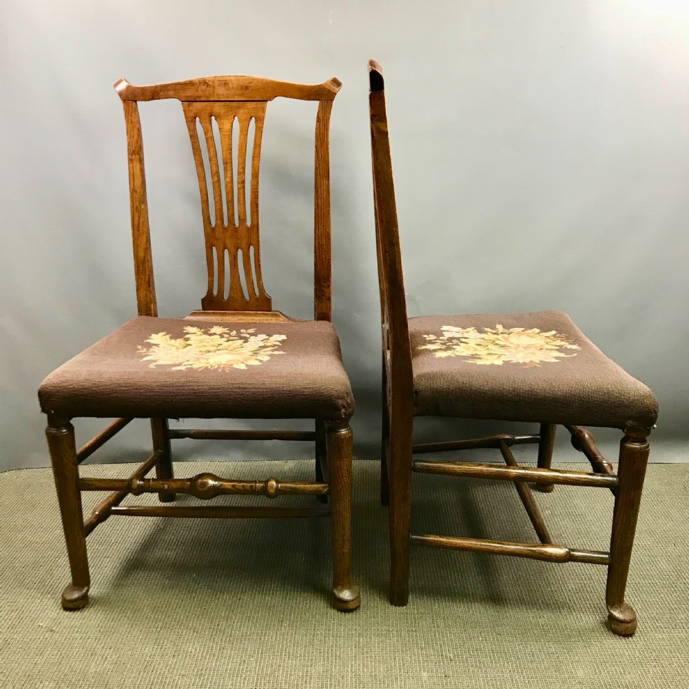 Pair of Country Georgian Oak Chairs with Woolwork Seats View IV