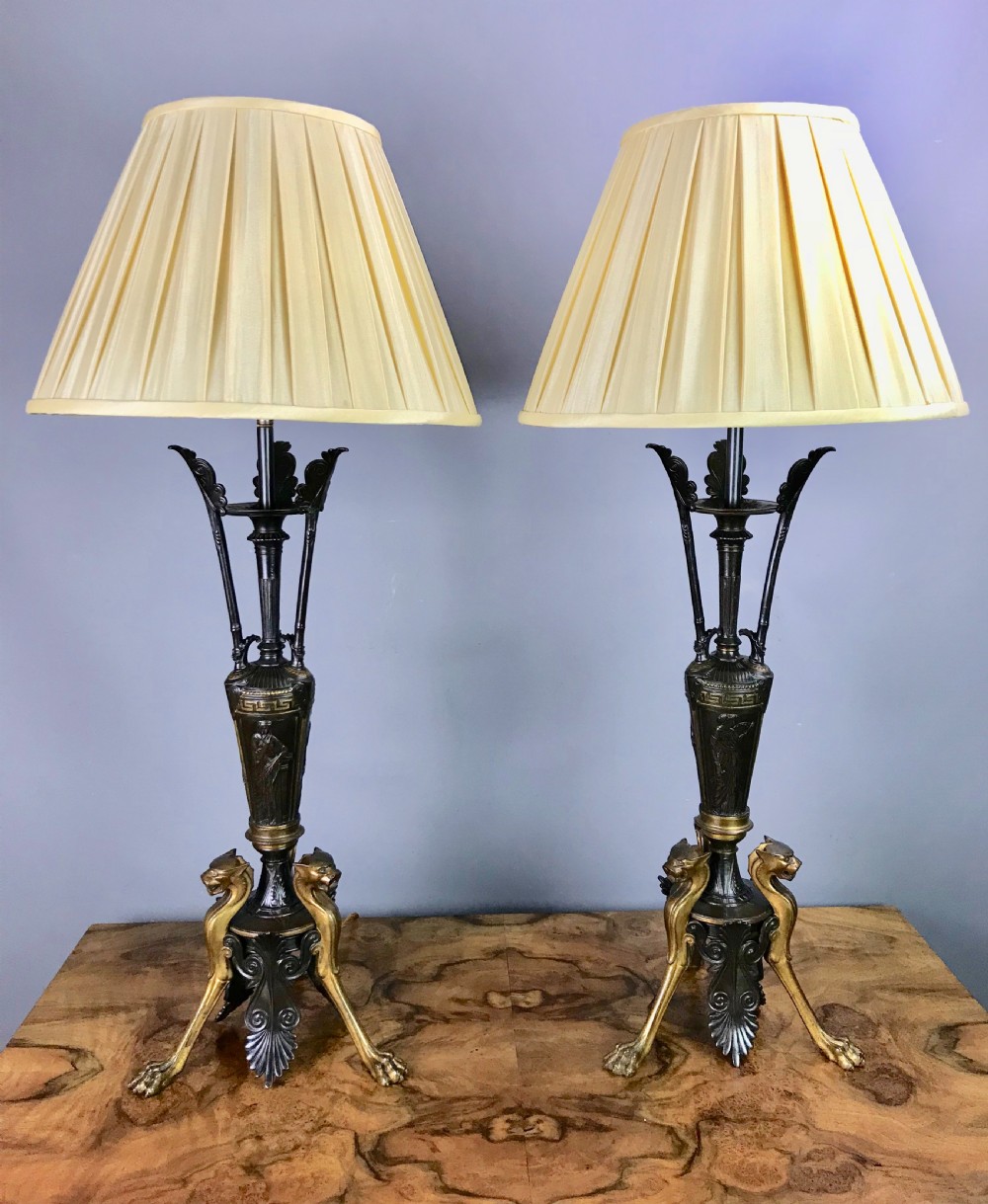 Pair of French Bronze & Gilt Neo-Classical Table Lamps