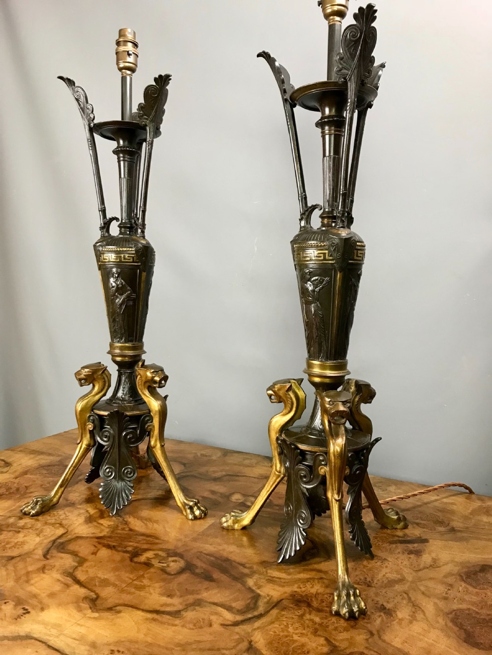 Pair of French Bronze & Gilt Neo-Classical Table Lamps View X