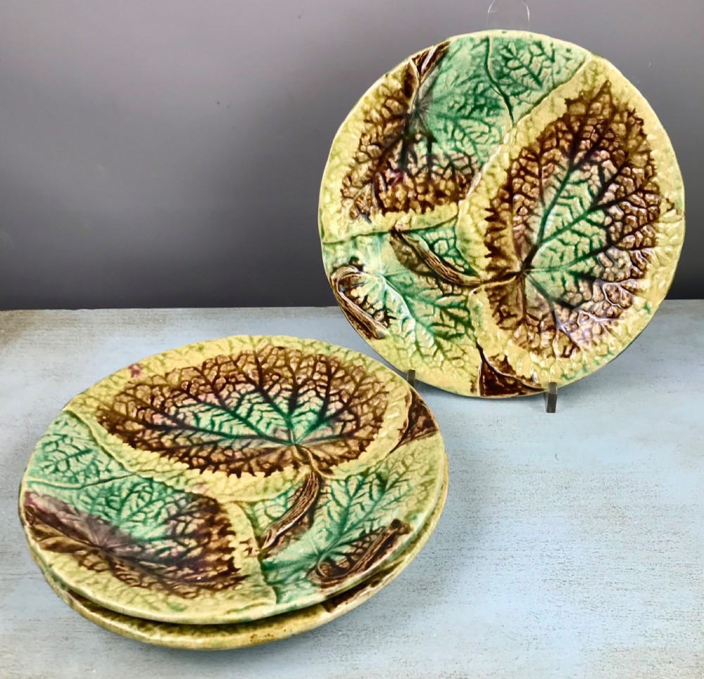 Three French Majolica Begonia Leaf Plates