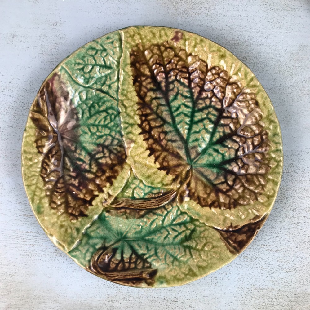 Three French Majolica Begonia Leaf Plates View II