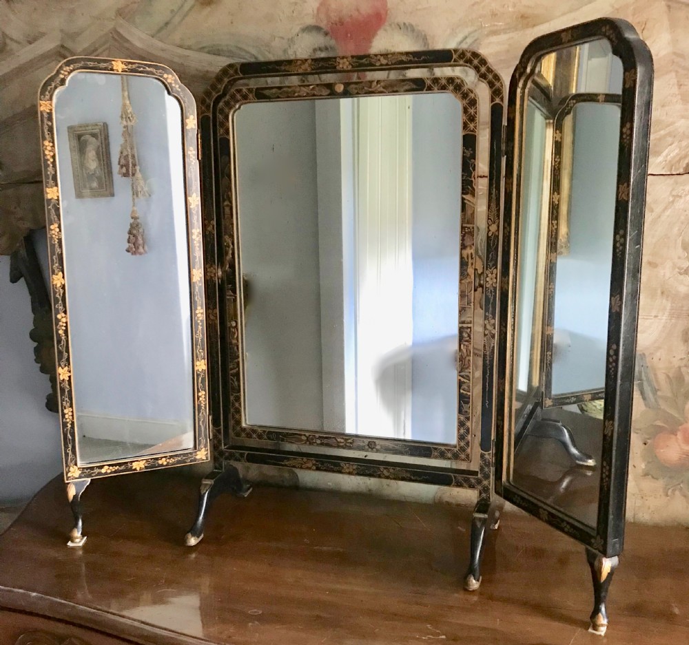 Chinoiserie decorated Japanned Triptych Dressing Mirror