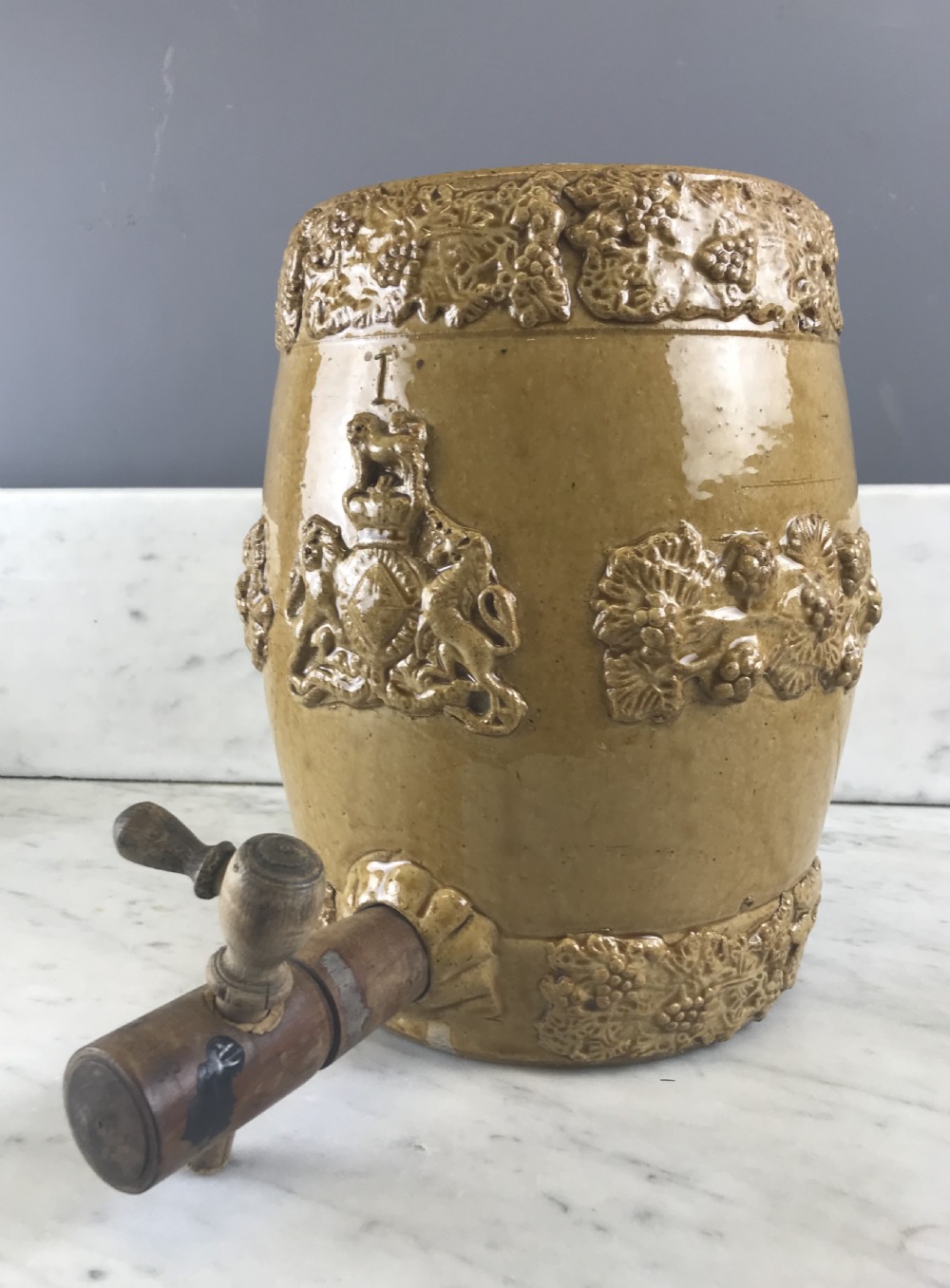 Antique Stoneware Barrel with Royal Coat of Arms Doulton Type View II