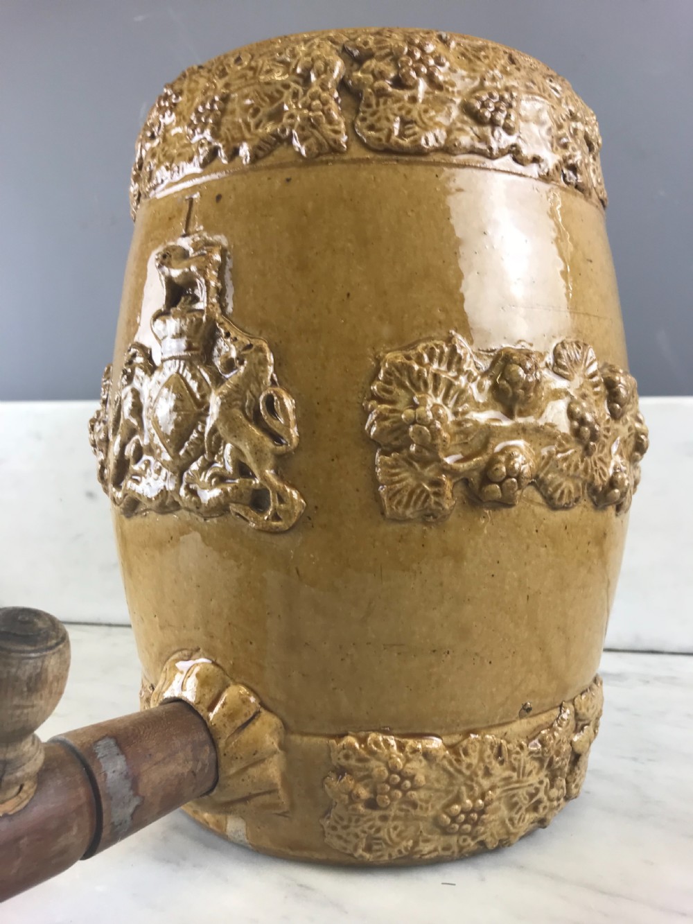 Antique Stoneware Barrel with Royal Coat of Arms Doulton Type View III