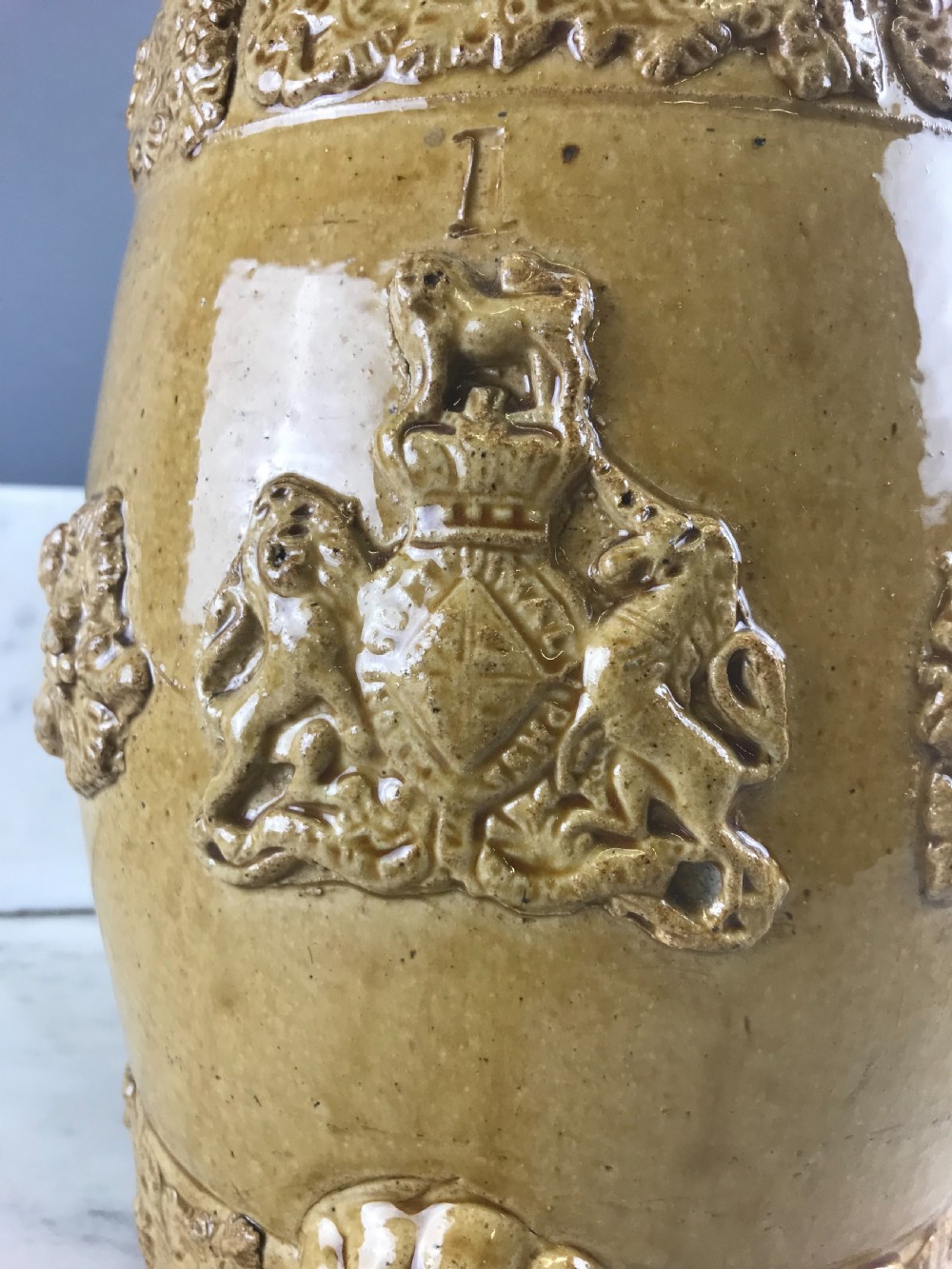 Antique Stoneware Barrel with Royal Coat of Arms Doulton Type View IV