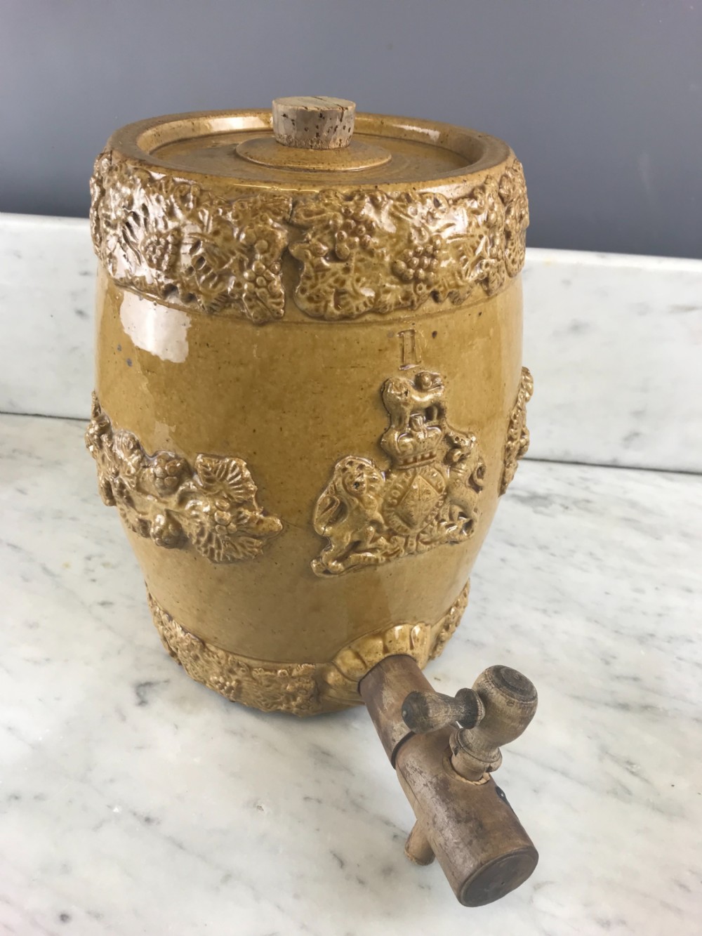 Antique Stoneware Barrel with Royal Coat of Arms Doulton Type View VI
