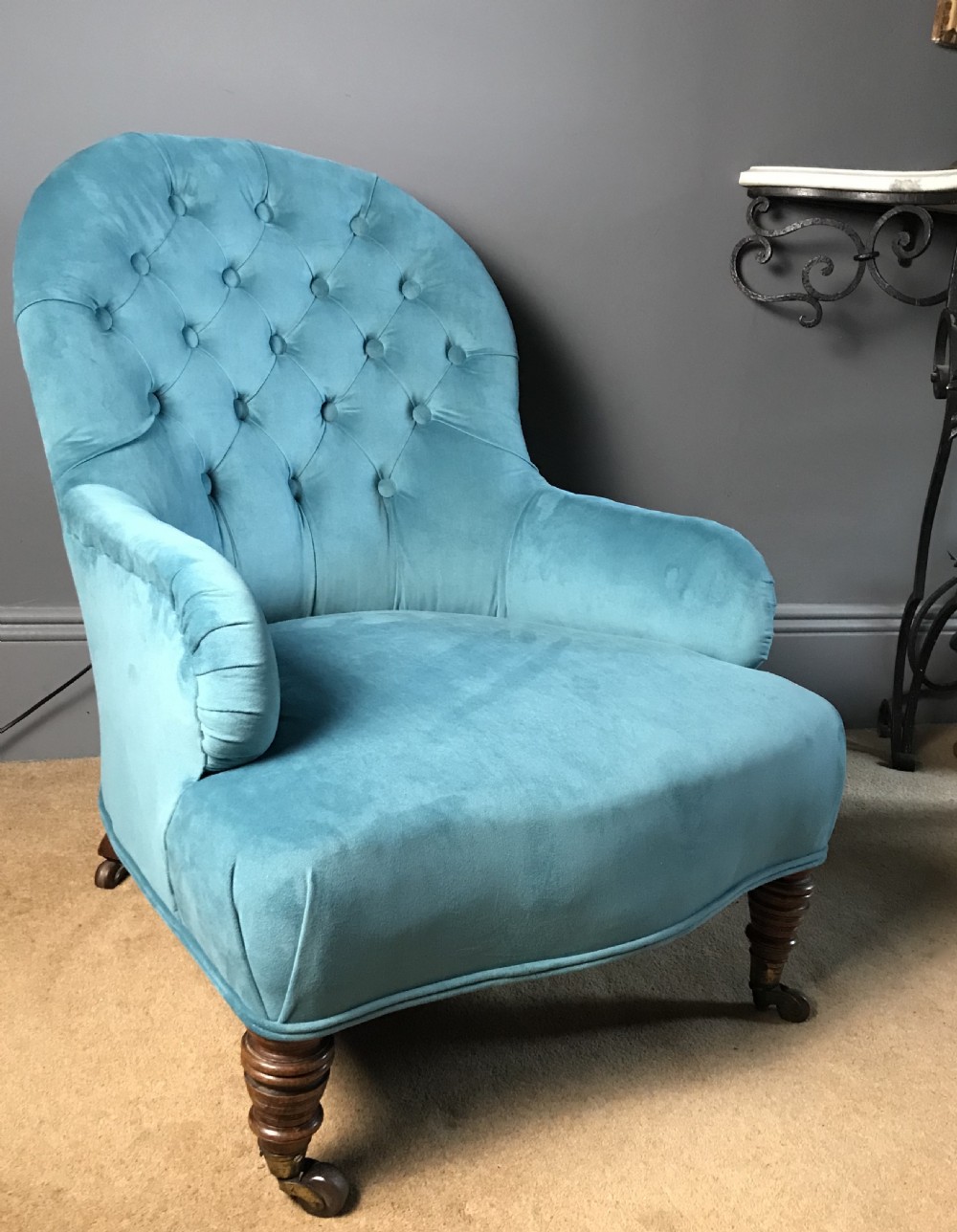 Victorian Button Back Teal Velvet Armchair