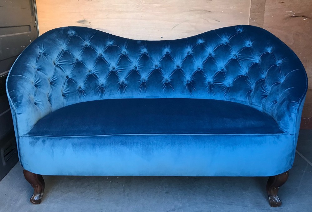 French Napoleon III Button Back Two Seat Sofa upholstered in deep blue velvet