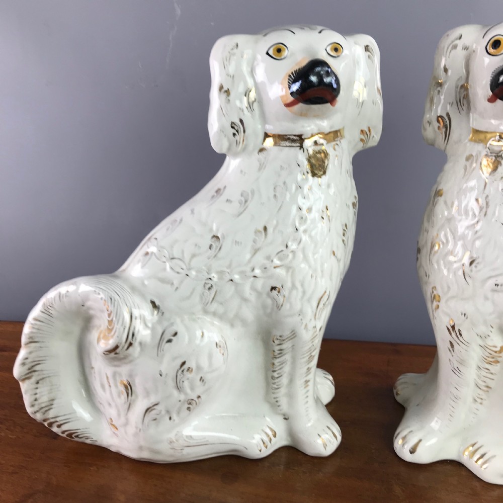 Large Pair of Victorian Staffordshire Pottery Dogs / Spaniels View II