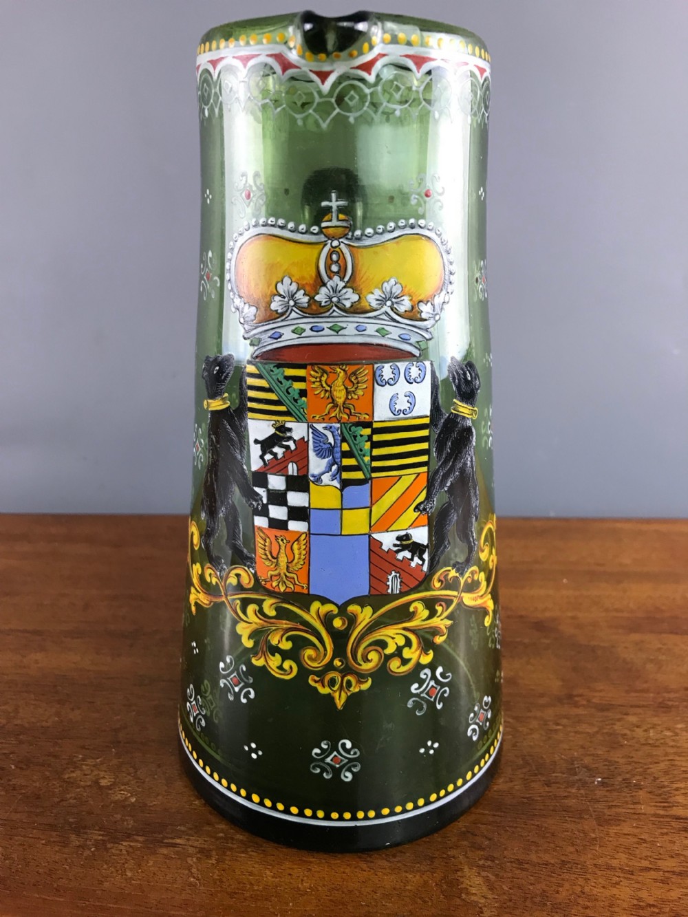 Bohemian enamelled green glass jug in Historismus style with Coat of Arms
