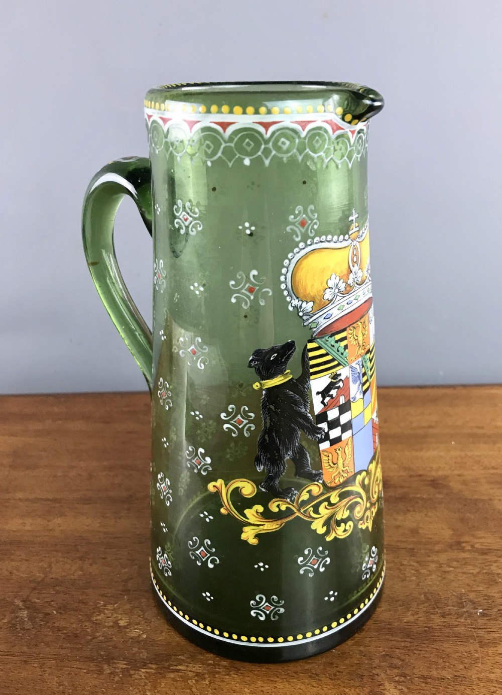 Bohemian enamelled green glass jug in Historismus style with Coat of Arms View II
