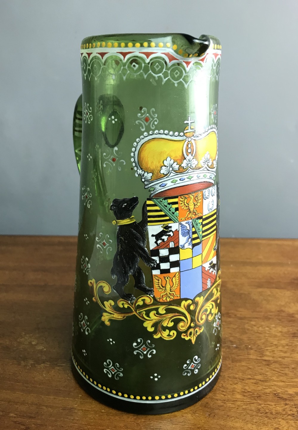 Bohemian enamelled green glass jug in Historismus style with Coat of Arms View IV