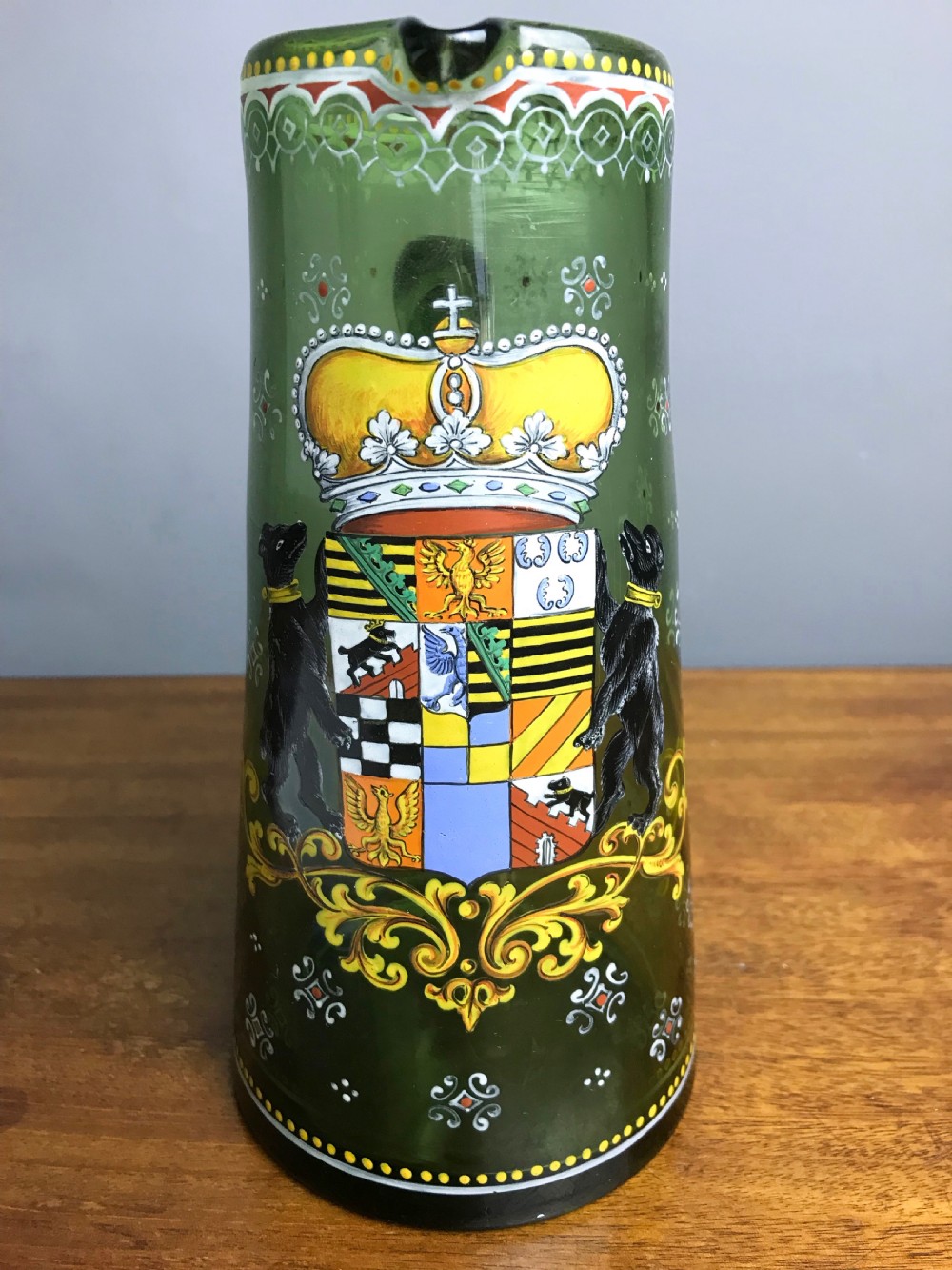 Bohemian enamelled green glass jug in Historismus style with Coat of Arms View V
