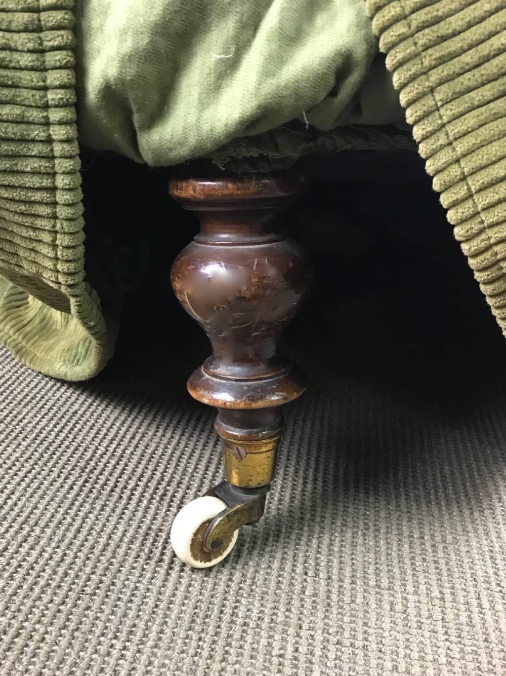 Small Victorian button back armchair upholstered in green corduroy View III