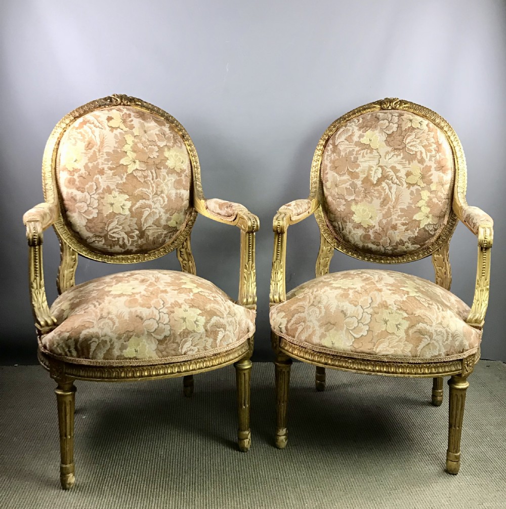 Pair of French Giltwood Fauteuil / Armchairs in Louis XVI Style