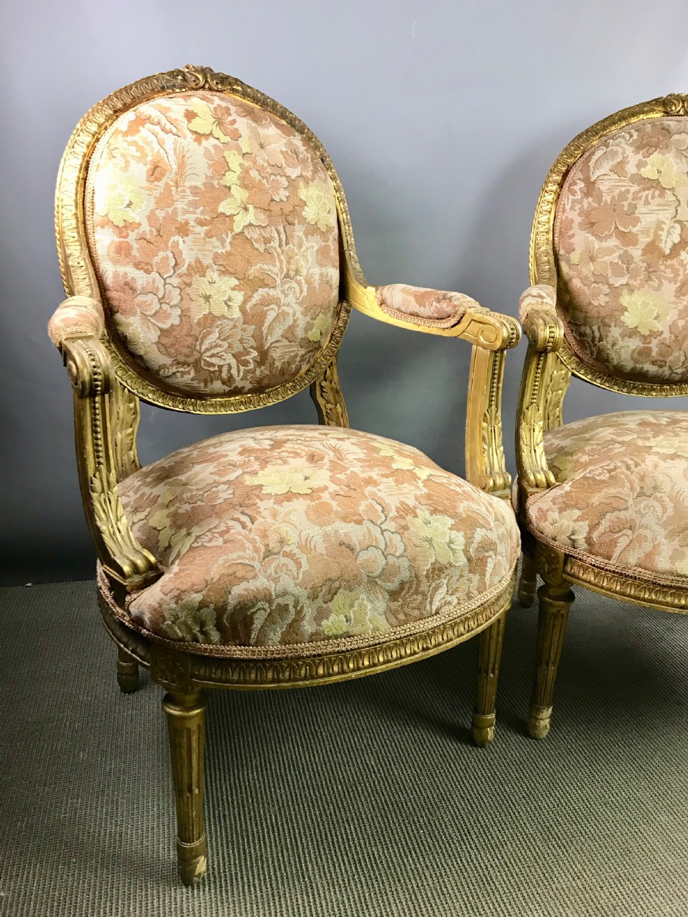 Pair of French Giltwood Fauteuil / Armchairs in Louis XVI Style View II