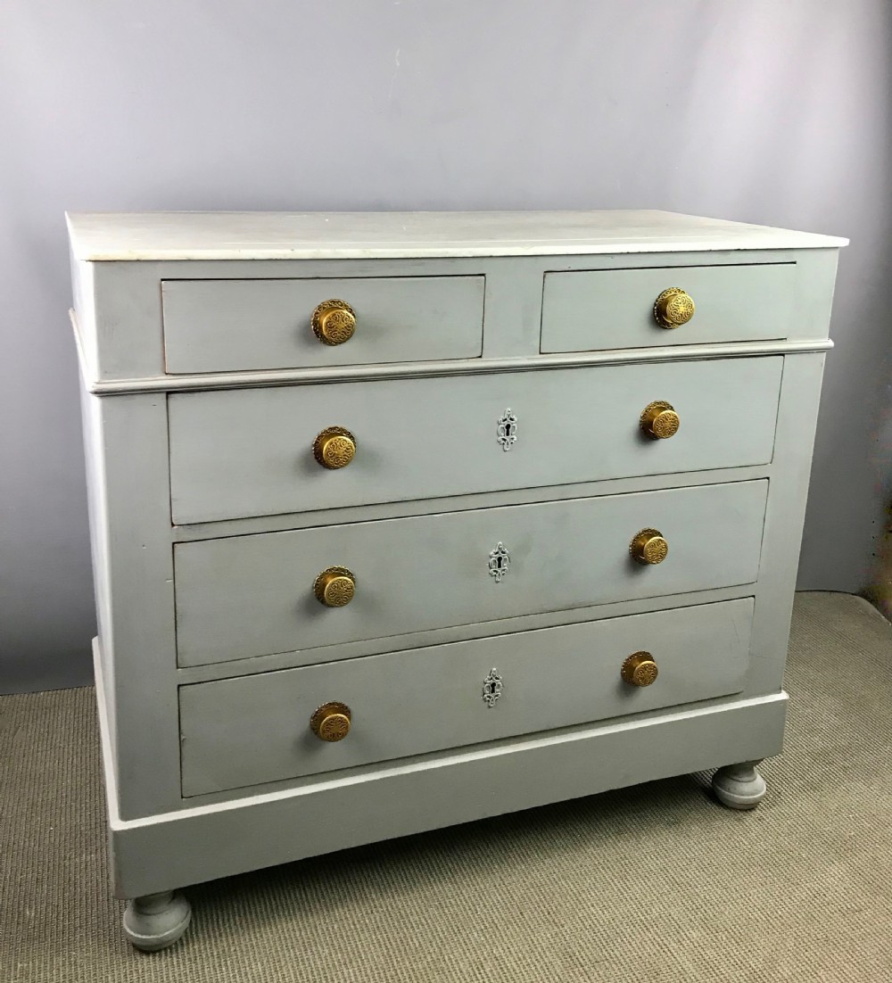 French Blue Painted Chest of Drawers / Commode with Marble Top View II