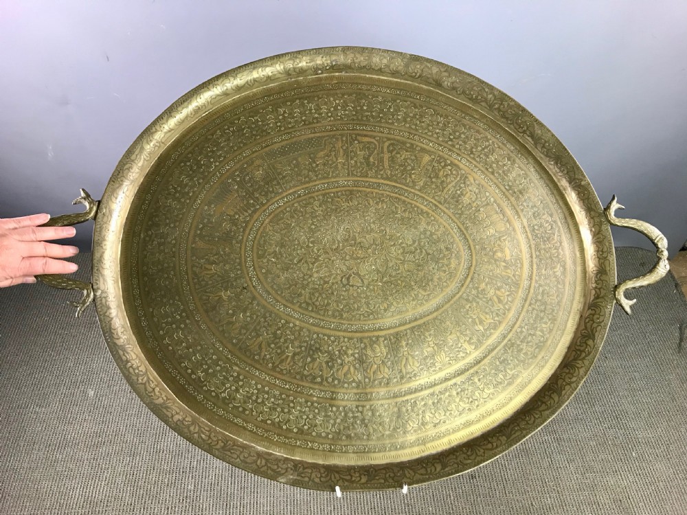 Indian twin handled hand engraved brass tray View II