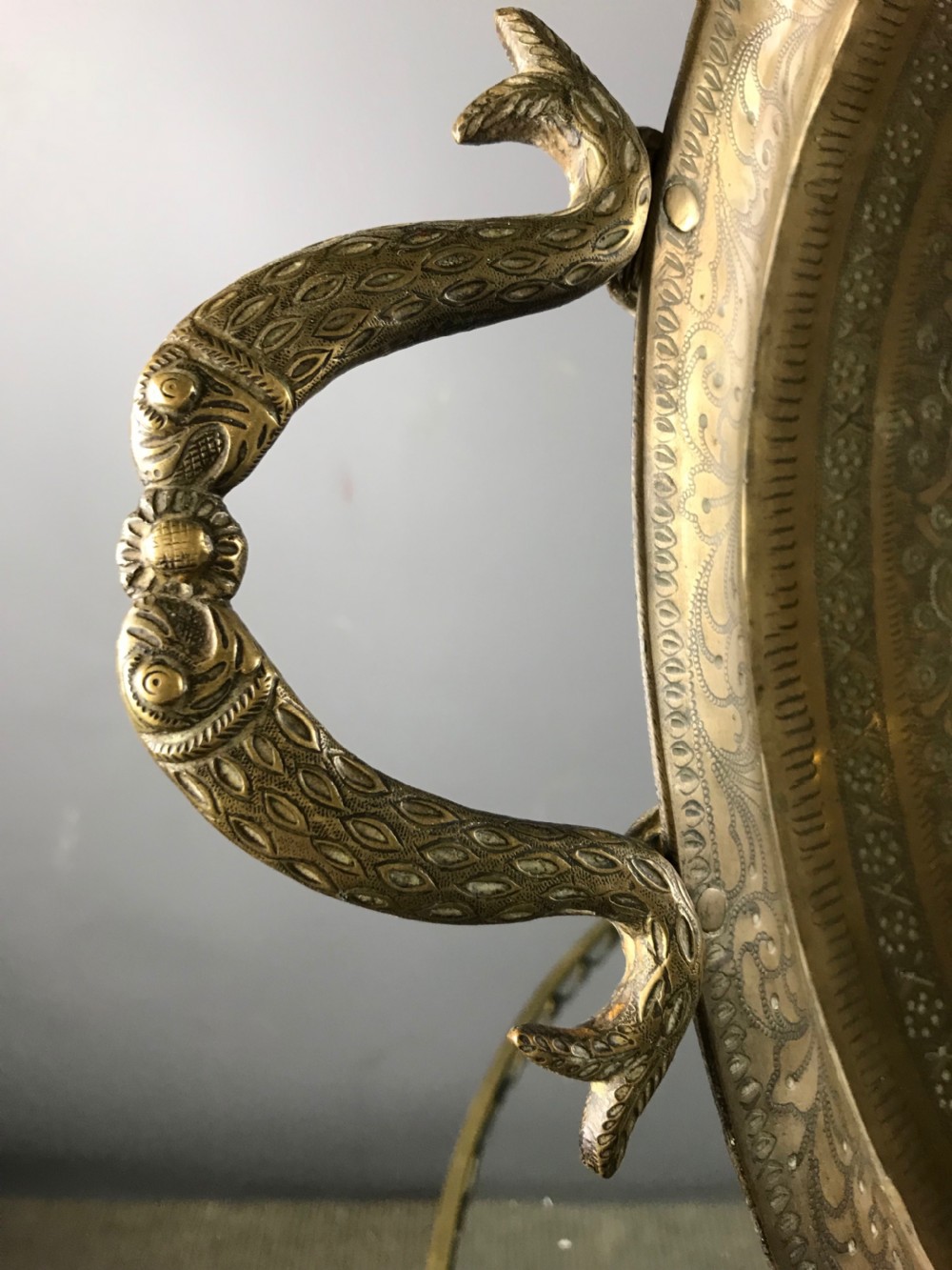 Indian twin handled hand engraved brass tray View IV