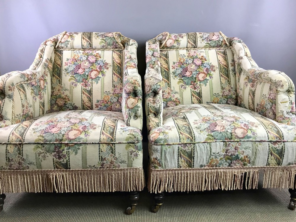 Pair of unusual Victorian tapestry upholstered armchairs
