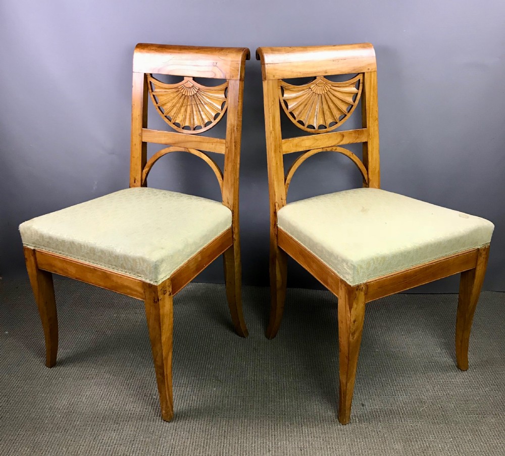 Pair of Swedish Biedermeier satin birch chairs with fan shaped backs