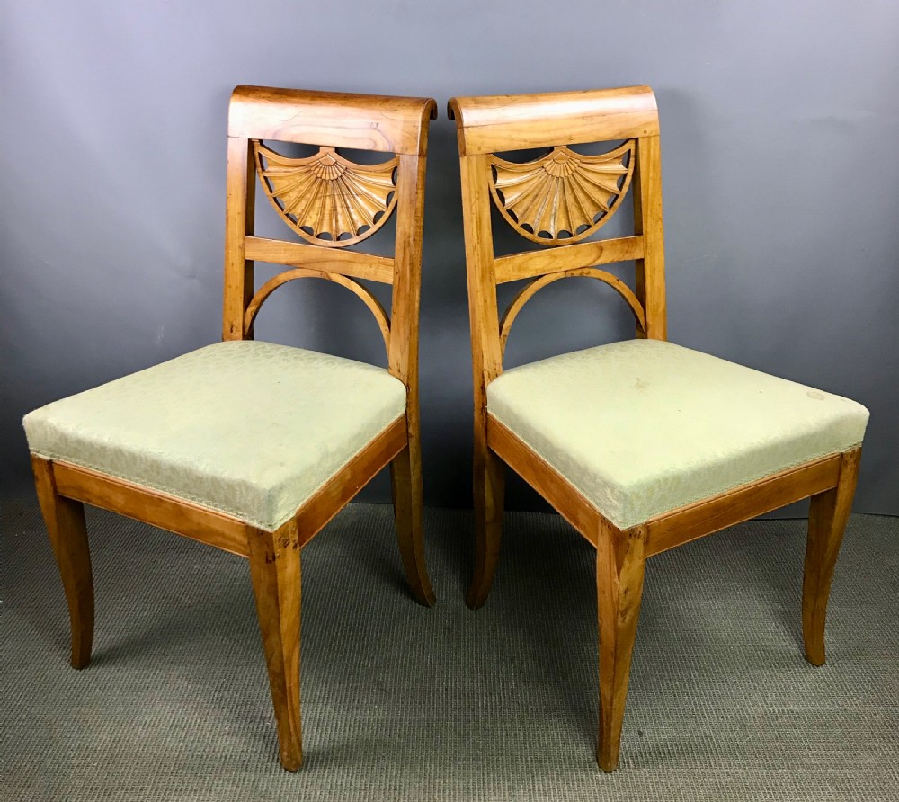 Pair of Swedish Biedermeier satin birch chairs with fan shaped backs View II