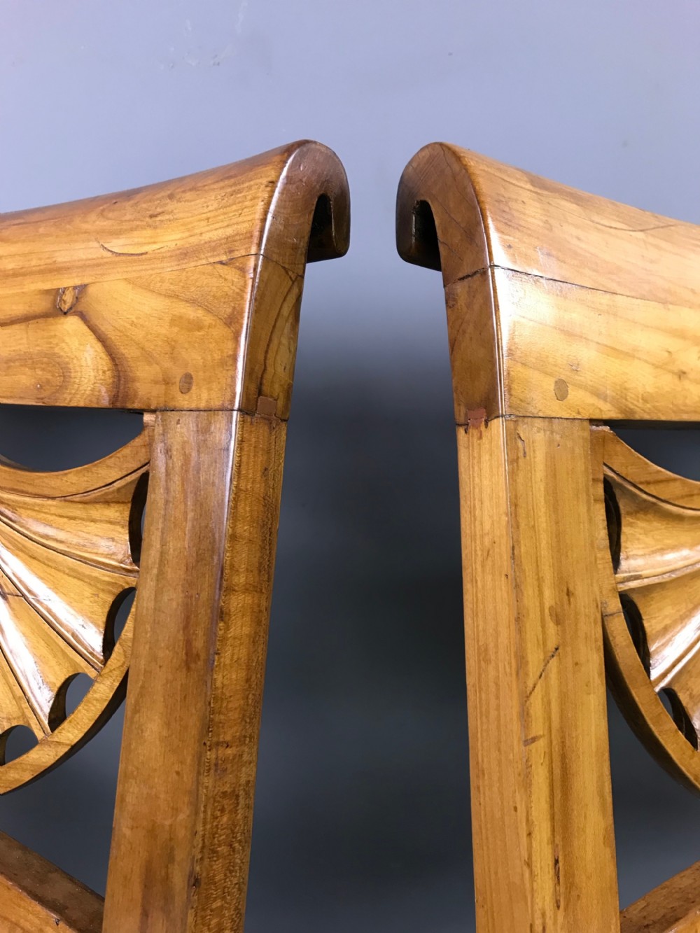 Pair of Swedish Biedermeier satin birch chairs with fan shaped backs View IV