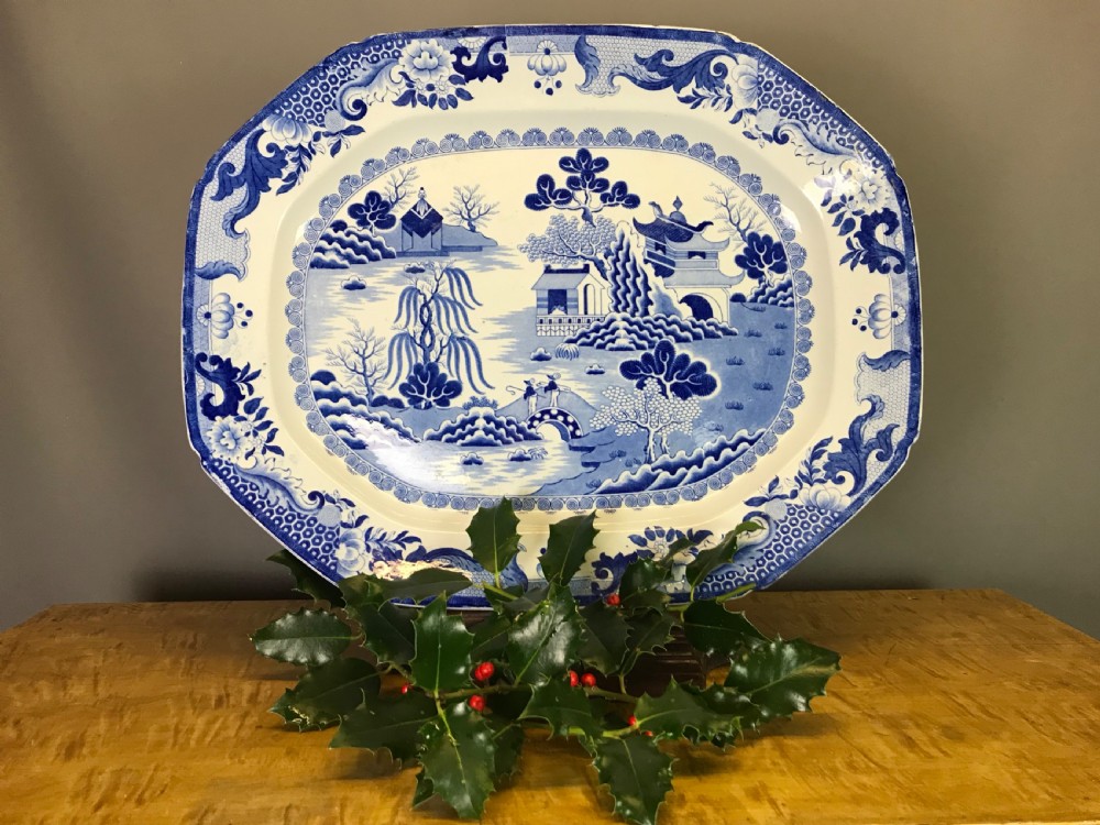 Victorian Ironstone Blue & White Willow Pattern Meat / Turkey Plate
