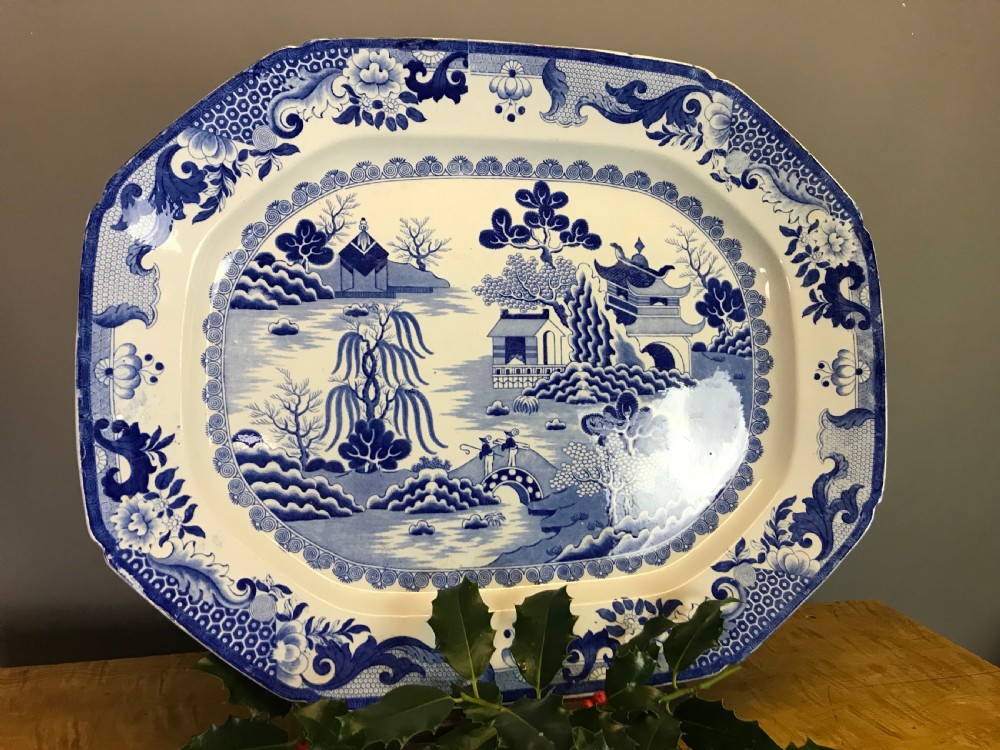 Victorian Ironstone Blue & White Willow Pattern Meat / Turkey Plate View II