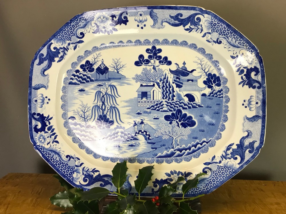 Victorian Ironstone Blue & White Willow Pattern Meat / Turkey Plate View III