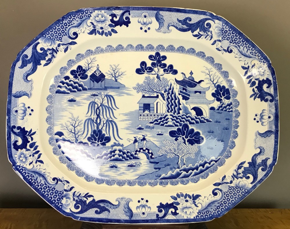 Victorian Ironstone Blue & White Willow Pattern Meat / Turkey Plate View IV