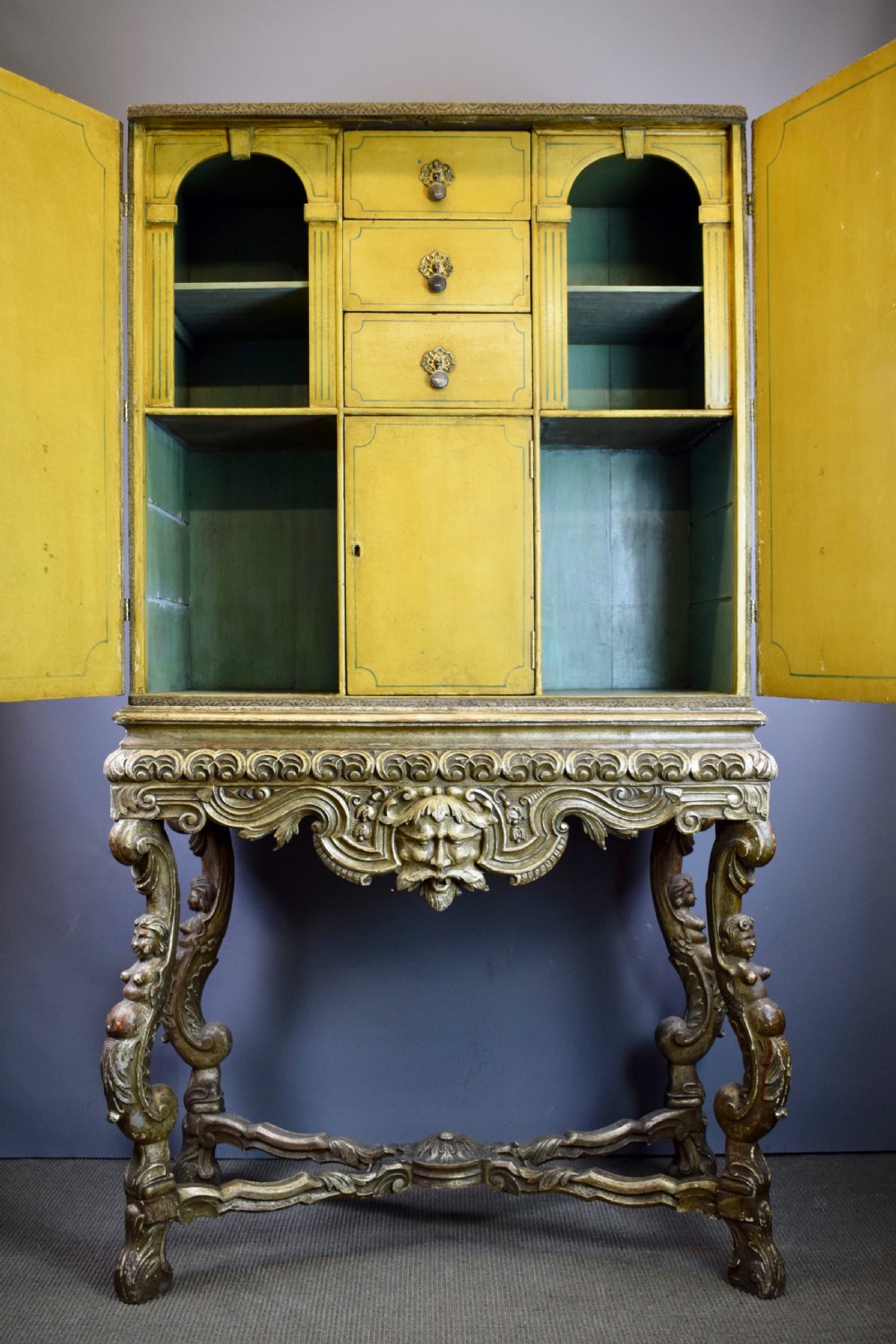 17th century style velvet covered cabinet upon grotesque carved silvered wood stand View II