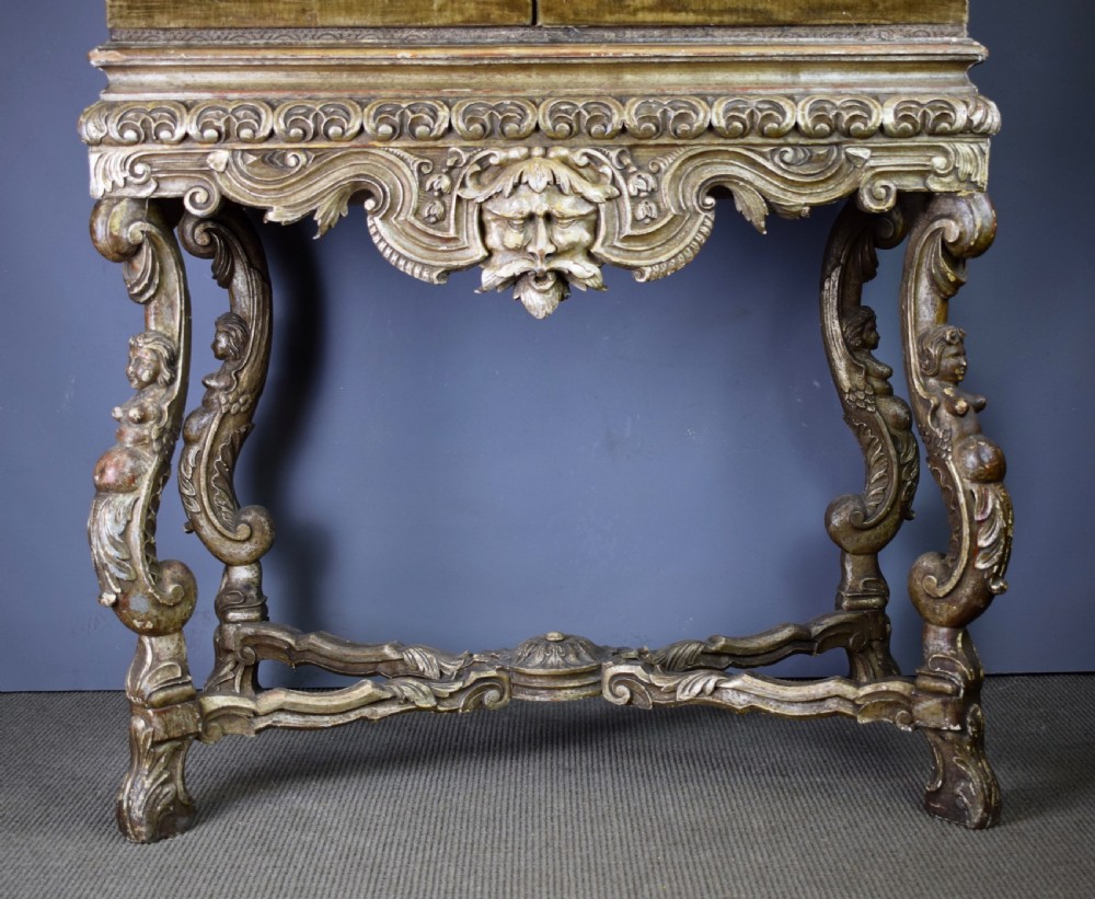 17th century style velvet covered cabinet upon grotesque carved silvered wood stand View III