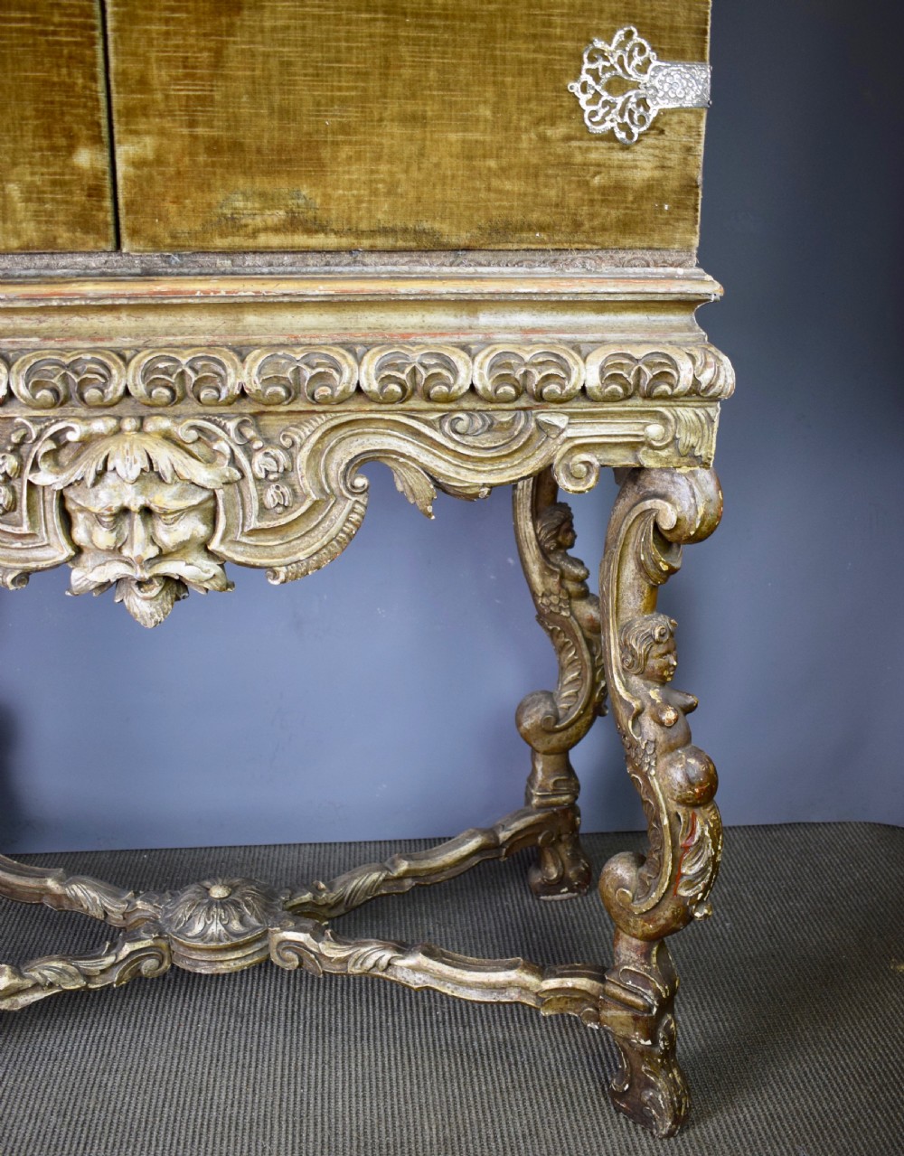 17th century style velvet covered cabinet upon grotesque carved silvered wood stand View V