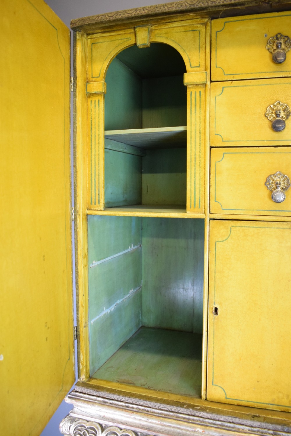17th century style velvet covered cabinet upon grotesque carved silvered wood stand View VI