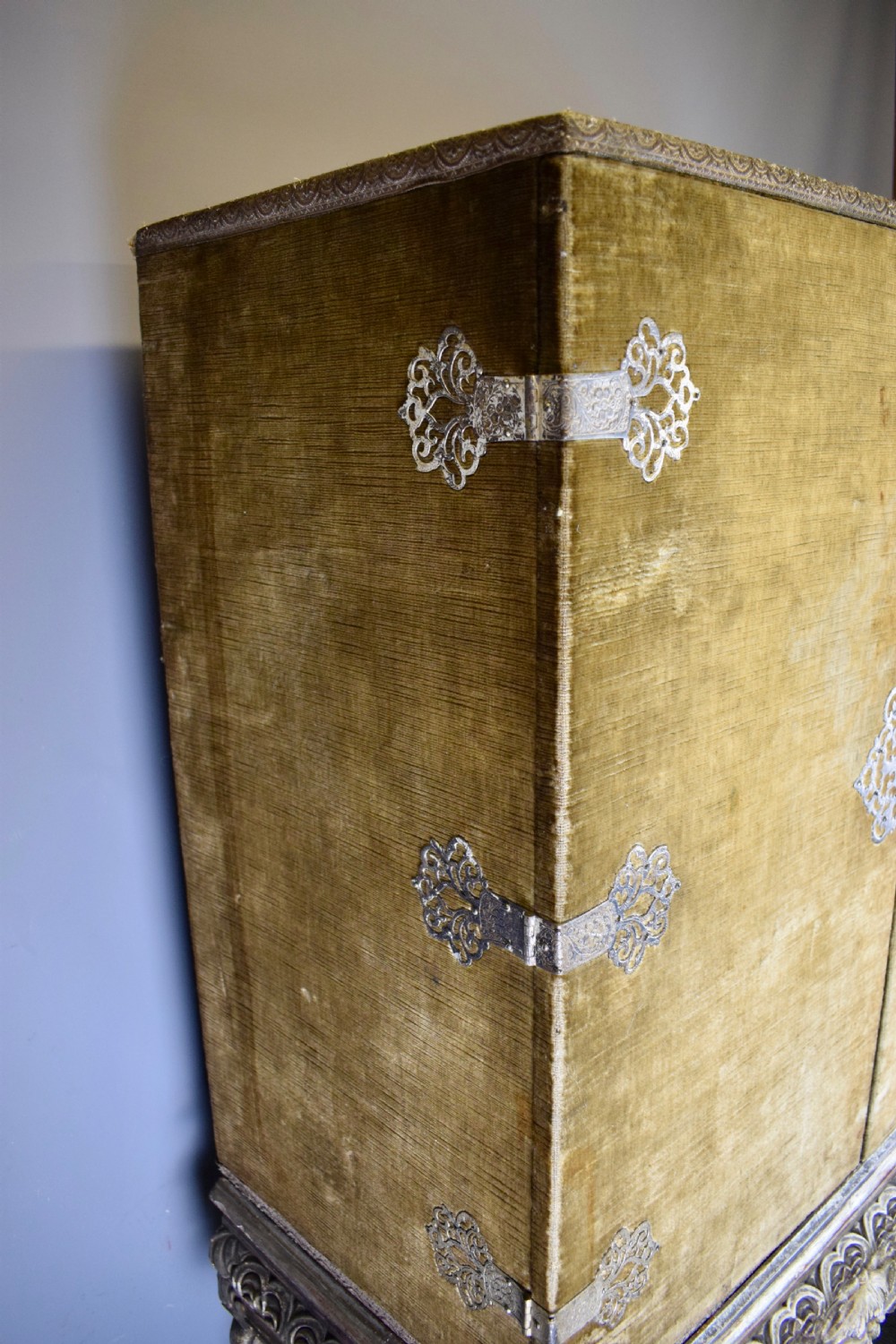 17th century style velvet covered cabinet upon grotesque carved silvered wood stand View VIII