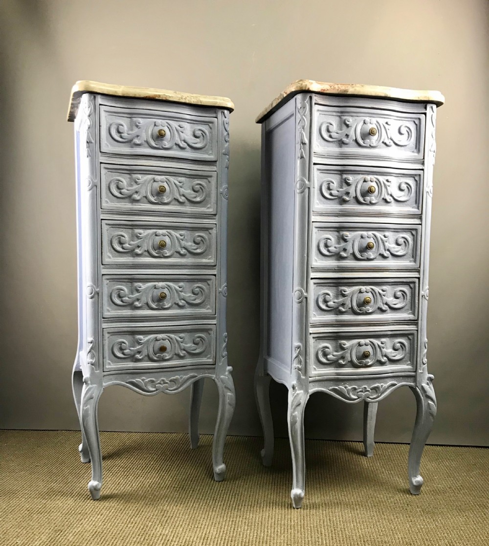 Pair of French marble top blue painted bedside chests of drawers View VI