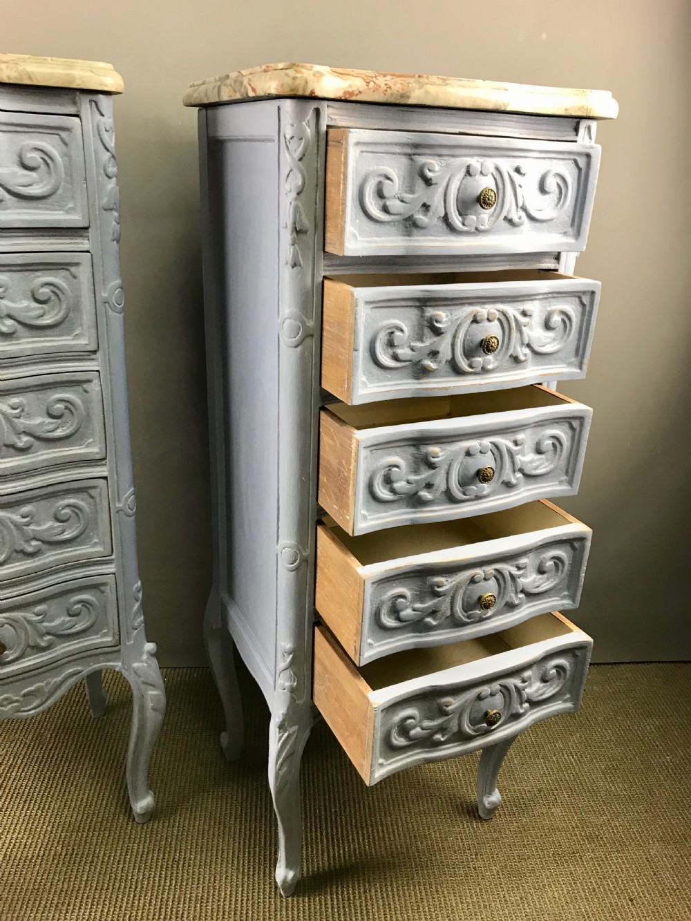 Pair of French marble top blue painted bedside chests of drawers View VII