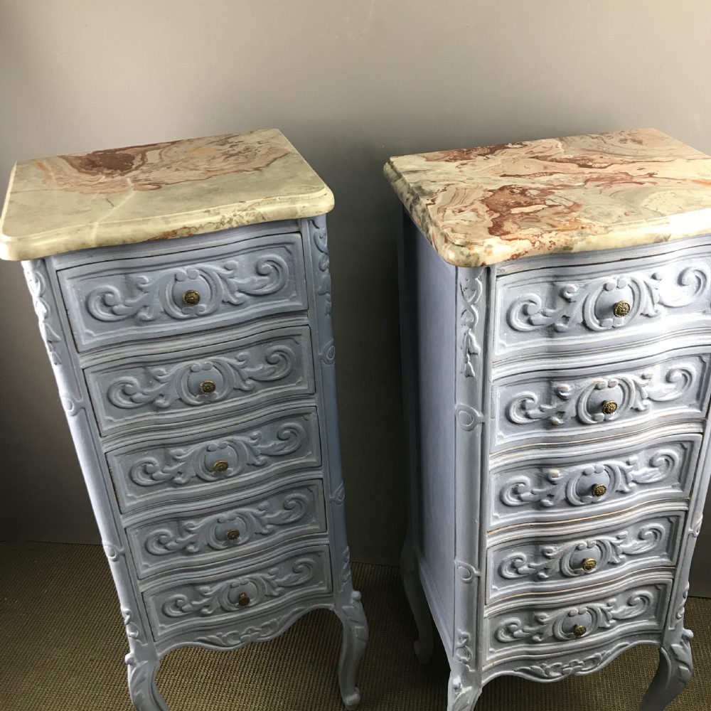 Pair of French marble top blue painted bedside chests of drawers View VIII