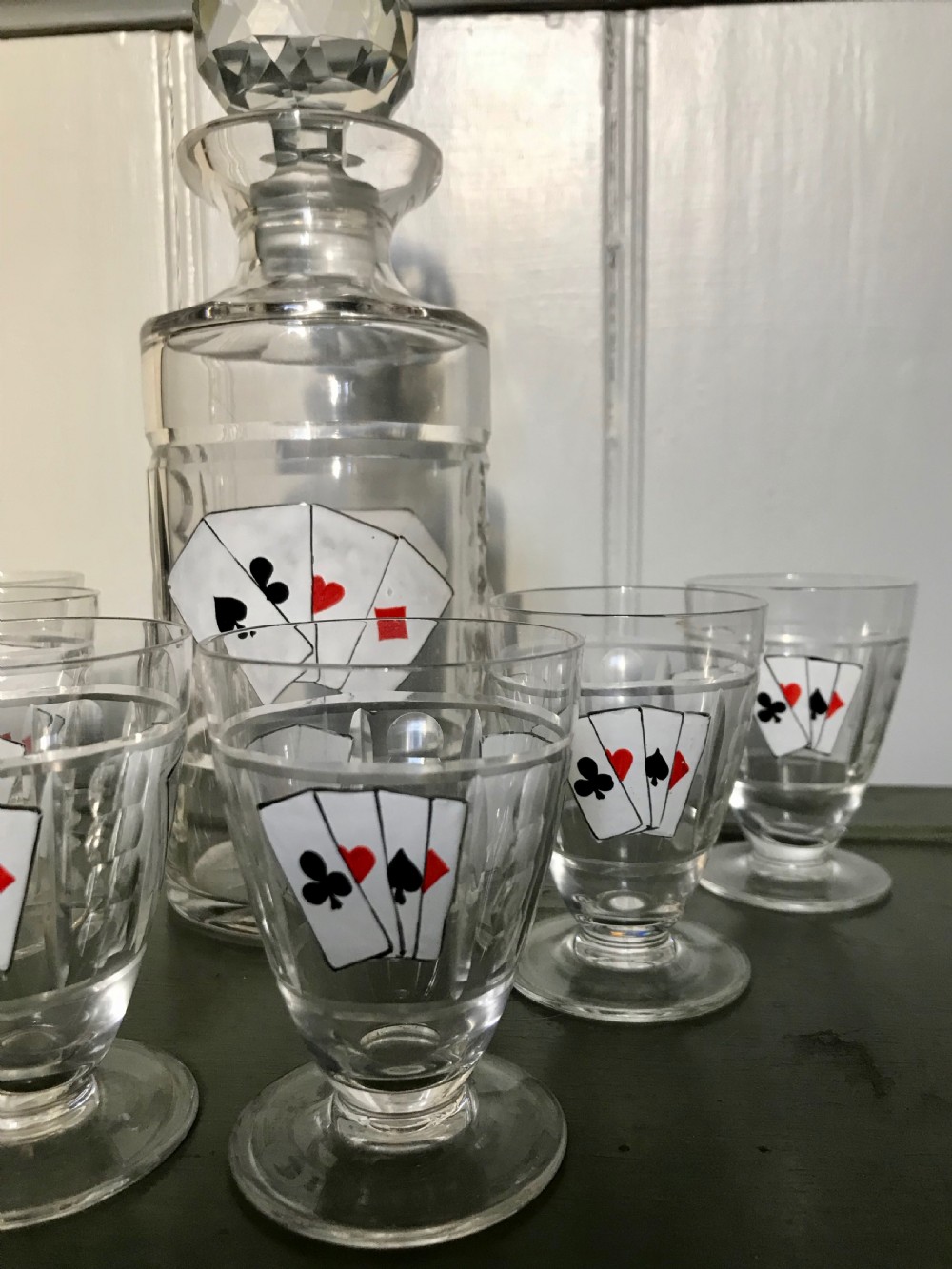 Bohemian Cut Glass Decanter Set enamelled with playing cards in the manner of Karl Palda View II
