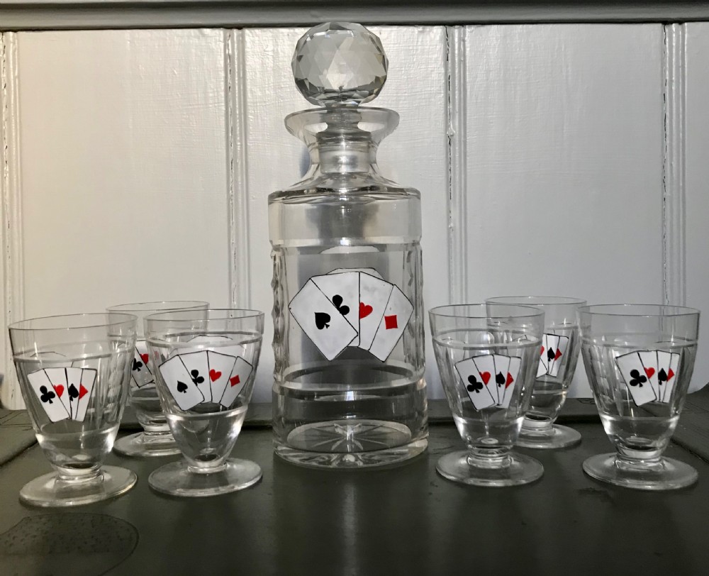 Bohemian Cut Glass Decanter Set enamelled with playing cards in the manner of Karl Palda View III