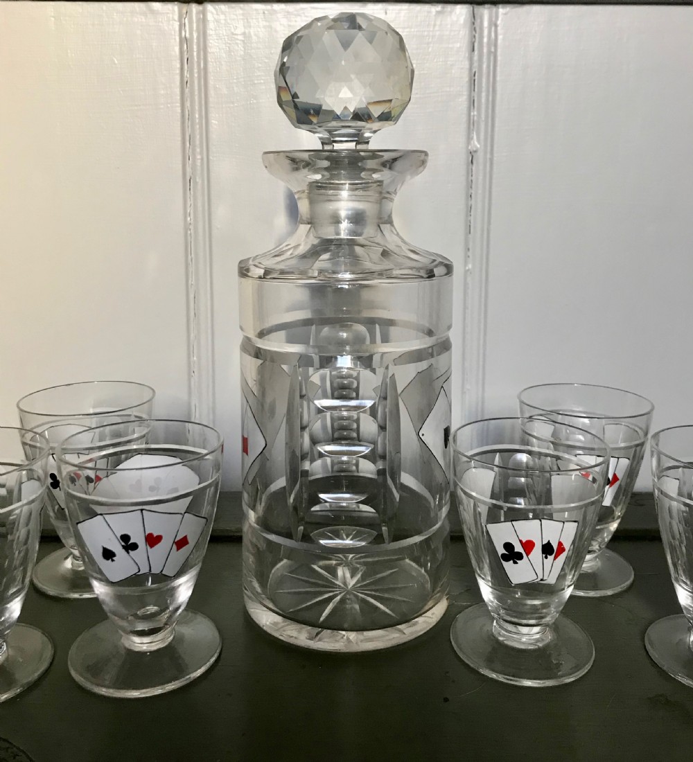 Bohemian Cut Glass Decanter Set enamelled with playing cards in the manner of Karl Palda View IV