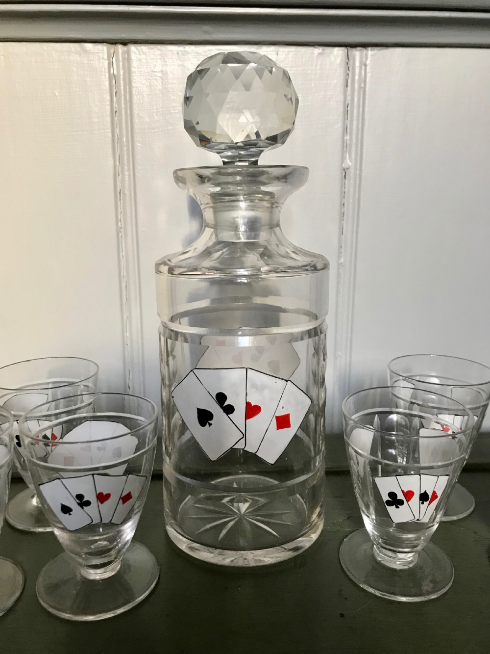 Bohemian Cut Glass Decanter Set enamelled with playing cards in the manner of Karl Palda View V