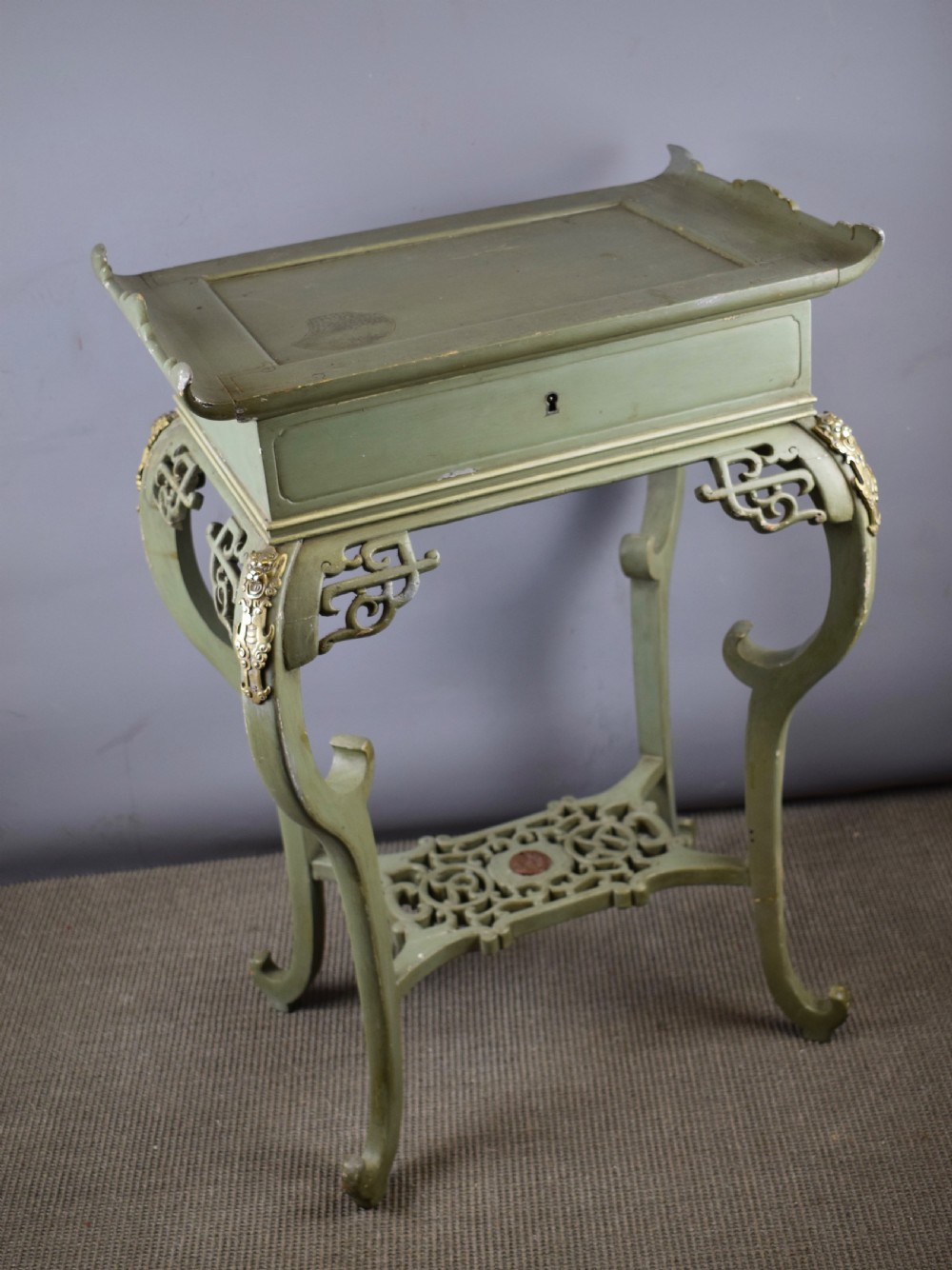 Green Painted Chinoiserie Pagoda Top Sewing / Side Table  View II