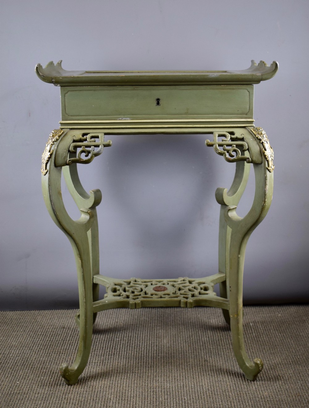 Green Painted Chinoiserie Pagoda Top Sewing / Side Table  View III