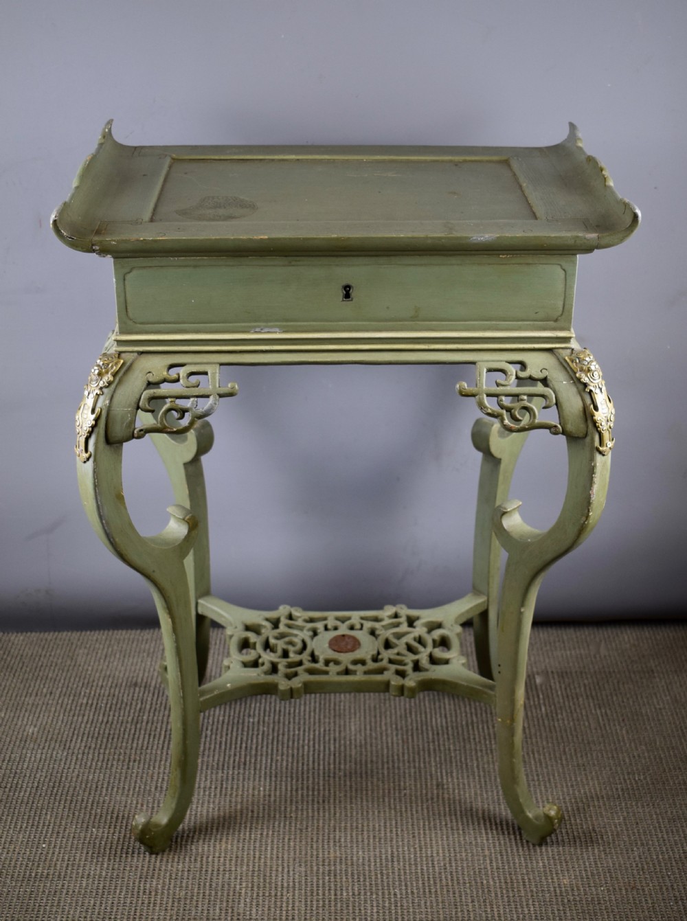 Green Painted Chinoiserie Pagoda Top Sewing / Side Table  View IV